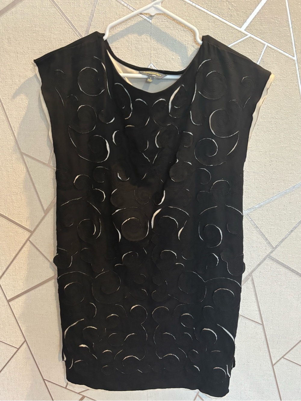 Catherine Malandrino Black Sleeveless Mini Dress with Swirl Appliqué